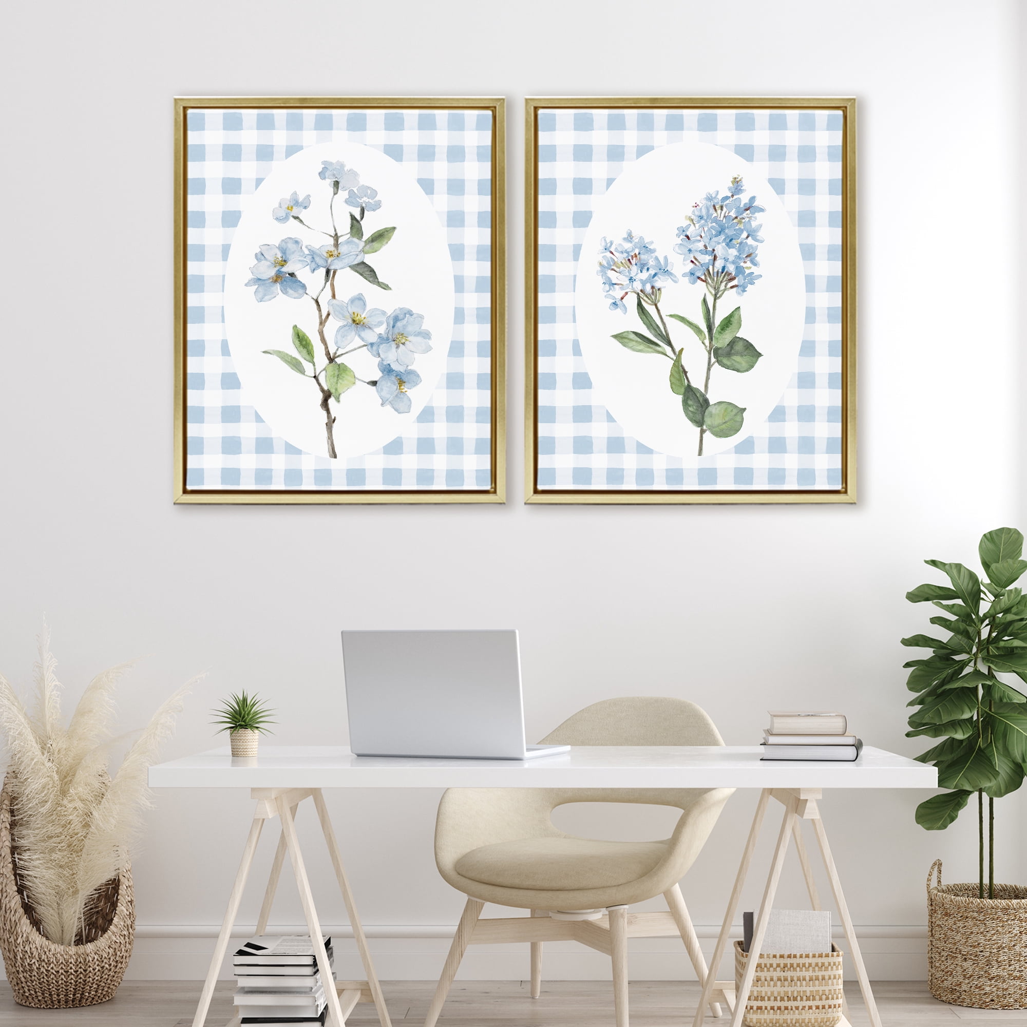 Stupell Industries Blooms on Blue Checkered 2 Piece Gold Framed Floater Canvas Set, design by Lanie Loreth