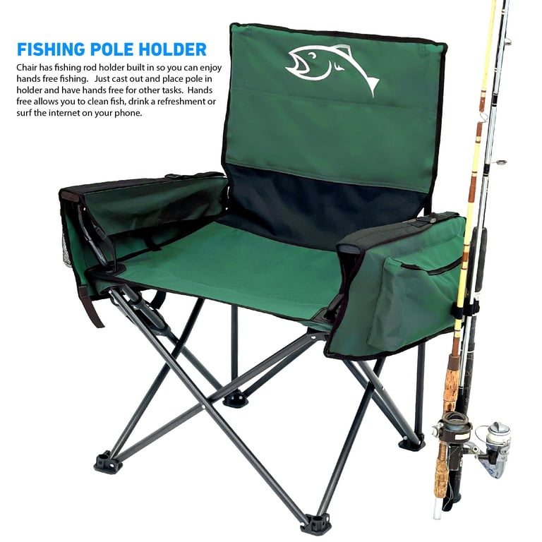 Fishing Chair with Rod Holder Built in Cooler Hands Free Fishing Pole Holder-Storage Pouch Storage Bag for Accessories Full Size Portable & Folding