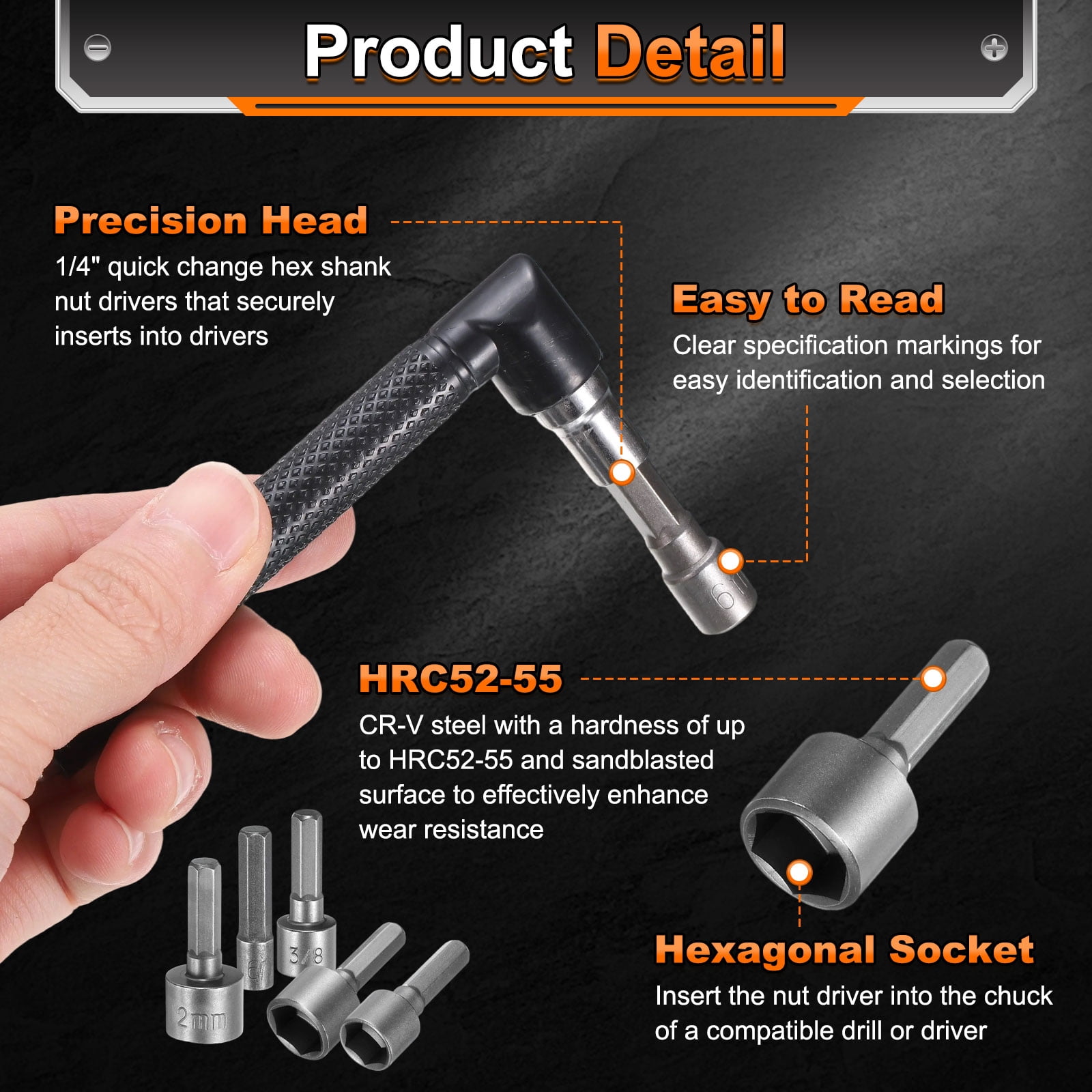 Uxcell 5pcs Hex Nut Driver Drill Bit 15/16/17/18/19mm 6-Point Drill Socket 1/4" Hex Shank 80mm Length Nut Setter Quick-Change Nut Impact Driver Bit Set with Bit Holder