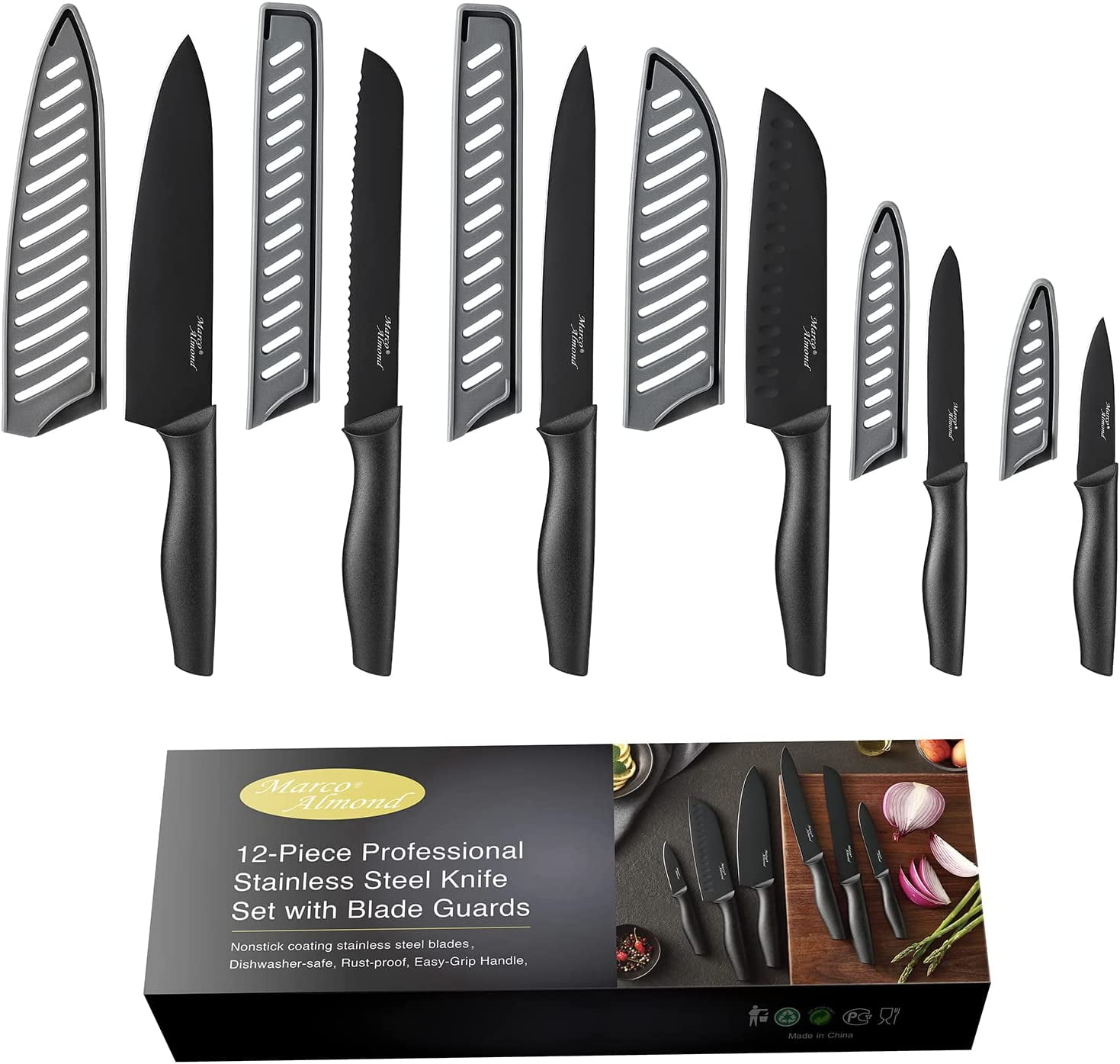 Marco Almond Kitchen Knife Set, KYA36 12-Piece Rainbow Color Stainless  Steel Chef Boxed Knives Set for Kitchen with Covers, 6 Knives with 6 Blade
