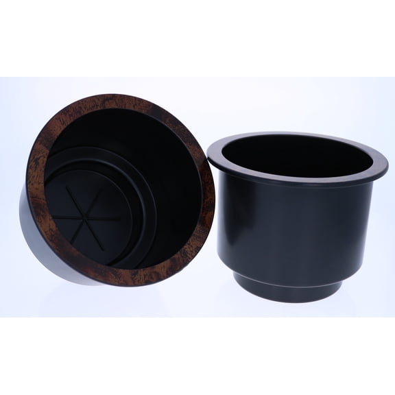 Replacement Black Plastic Cup Holders, Chrome or Wood Finished Lip, Set of 2 (Wood)