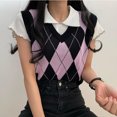 thumbnail image 3 of VISgogo Chaleco de punto para mujer, patrones romboides, cuello en V, sin mangas, ajustado, camisetas sin mangas de punto para niñas, rosa/gris VISgogo  moda, 3 of 8