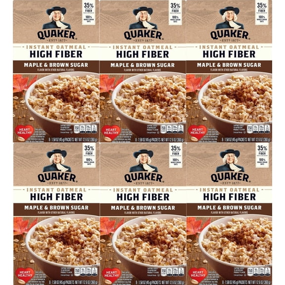 Quaker Instant Oatmeal High Fiber Maple and Brown Sugar 8 ct 1.58 oz (Pack of 6)