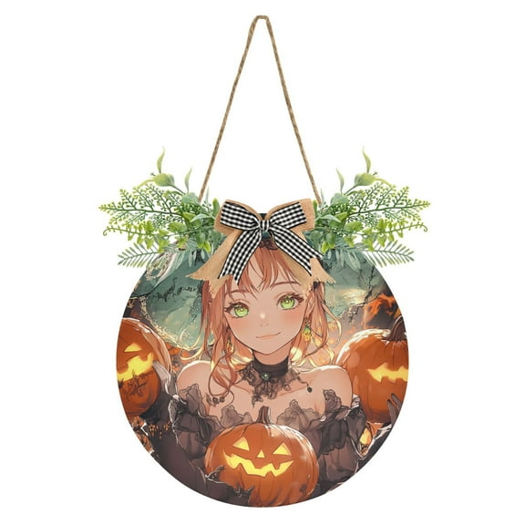 Beautiful Witch for Halloween Front Door Porch Decoration Hanging Sign with Artificial Green Plants and Bow for Home Outdoor Indoor