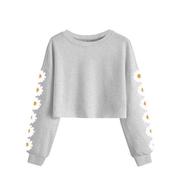 YOUYEDIAN Kids Crop Tops Girls Long Sleeve Tee Shirts Cute Flower Pinted Fashion Sweatshirt Pullover Top (Light Gray, 13-14 Years)