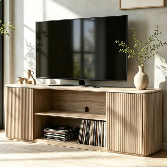 Hvoonc 70" Fluted Wood TV Stands with Storage, Faux Marble Top,  Modern Oak Television Console for 65-80" TVs, Large Entertainment Center Living Room