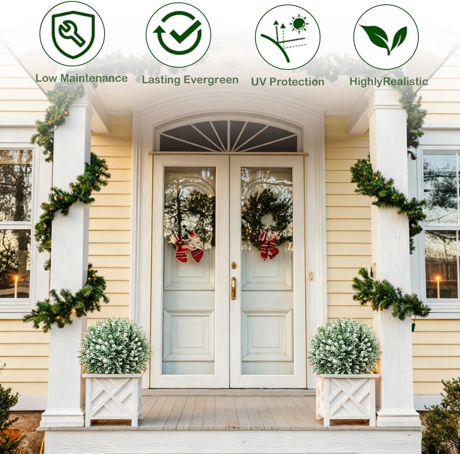 Artificial Boxwood Topiary Ball Trees, 2 Pack 24.5" Faux Plants, Bushes Shrubs Outdoor with Spike, UV-Resistant Fake Greenery for Planters, Porch, Garden, Home Office, Spring Decor – White
