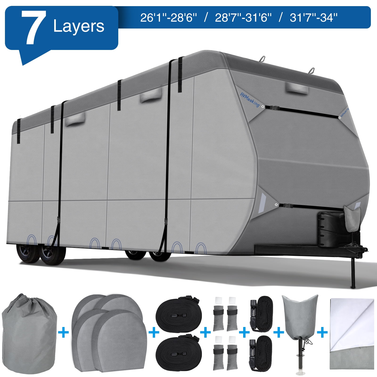 Fonzier 5 Layers Top Travel Trailer RV Cover Heavy Duty Camper Cover for 28’7”-31’6” Motorhome Anti-UV 2Pcs Straps & Gutter Covers Breathable with Tongue Jack Cover Rip-Stop 