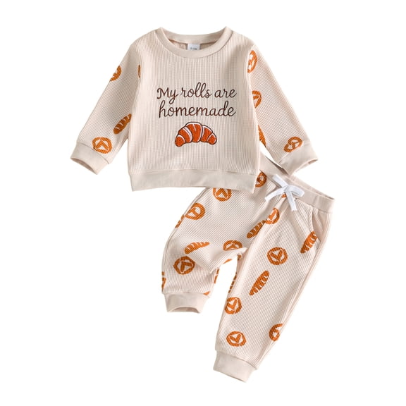 Cjfdfy Toddler Baby Boy Girl Fall Thanksgiving Outfit My Rolls Are Homemade Waffle Knit Long Sleeve Sweatshirt And Pants Kid Cute My First Thanksgiving Fall Winter Outfit 6M-4Y