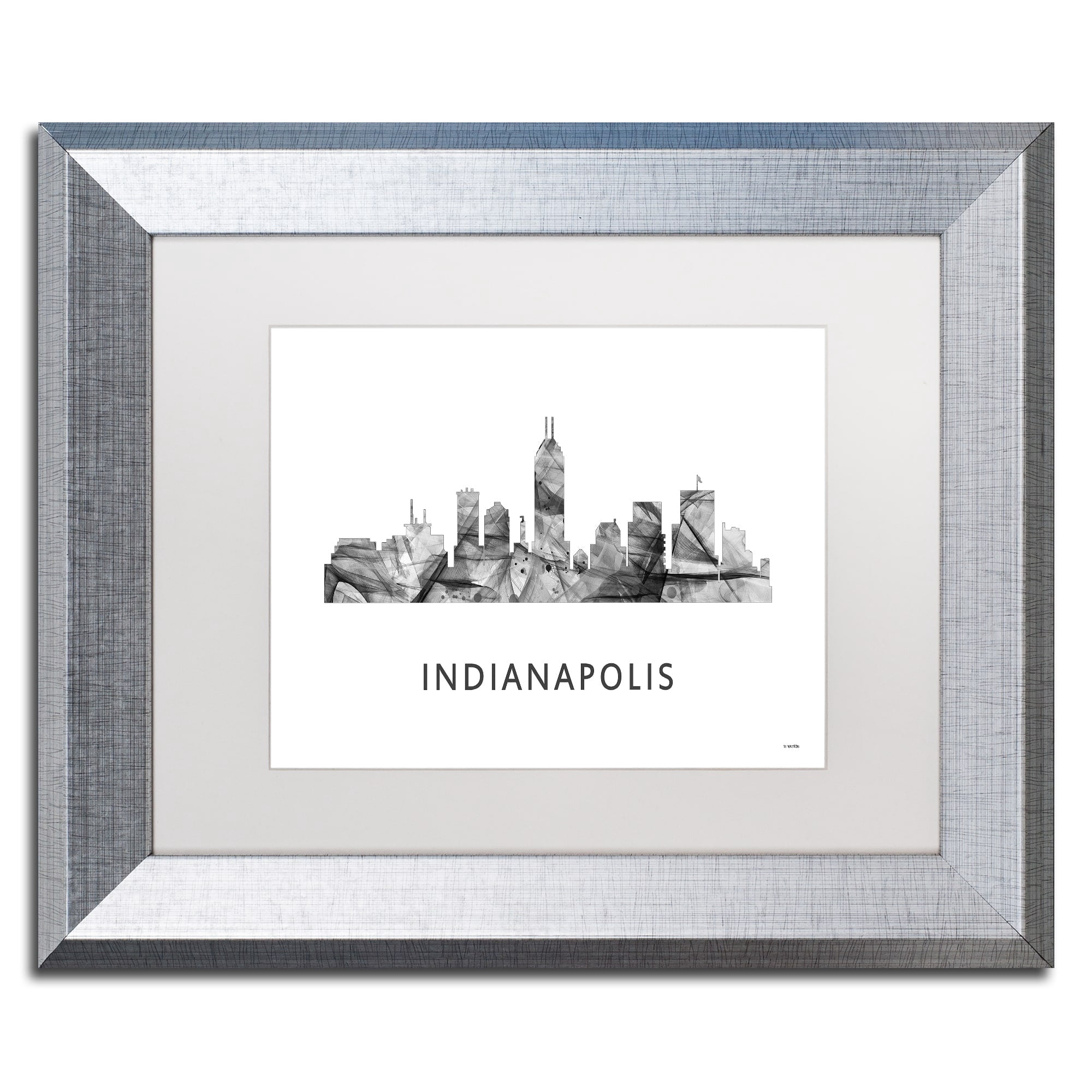 Trademark Fine Art 'Indianapolis Indiana Skyline WB-BW' Canvas Art by Marlene Watson, White Matte, Silver Frame