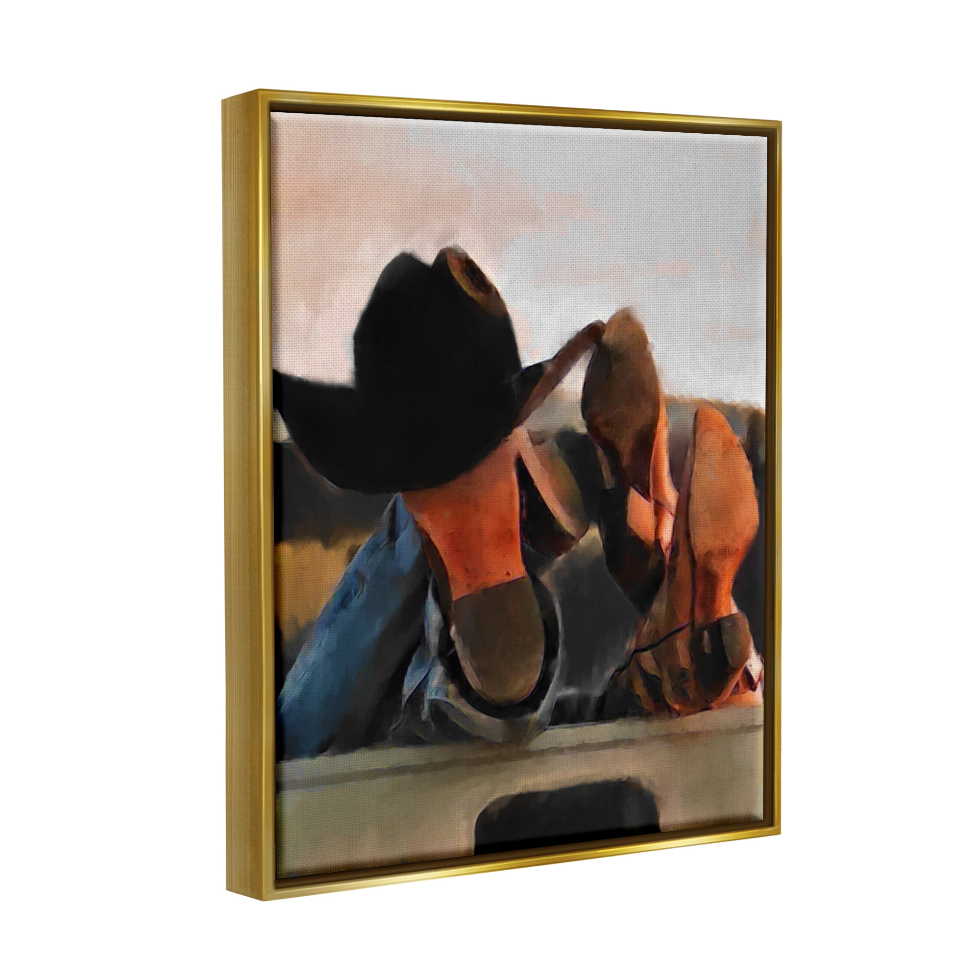 Stupell Industries Couple Resting Cowboy Boots Abstract Painting Gold Floater Framed Canvas Art Print Wall Art, 25 x 31