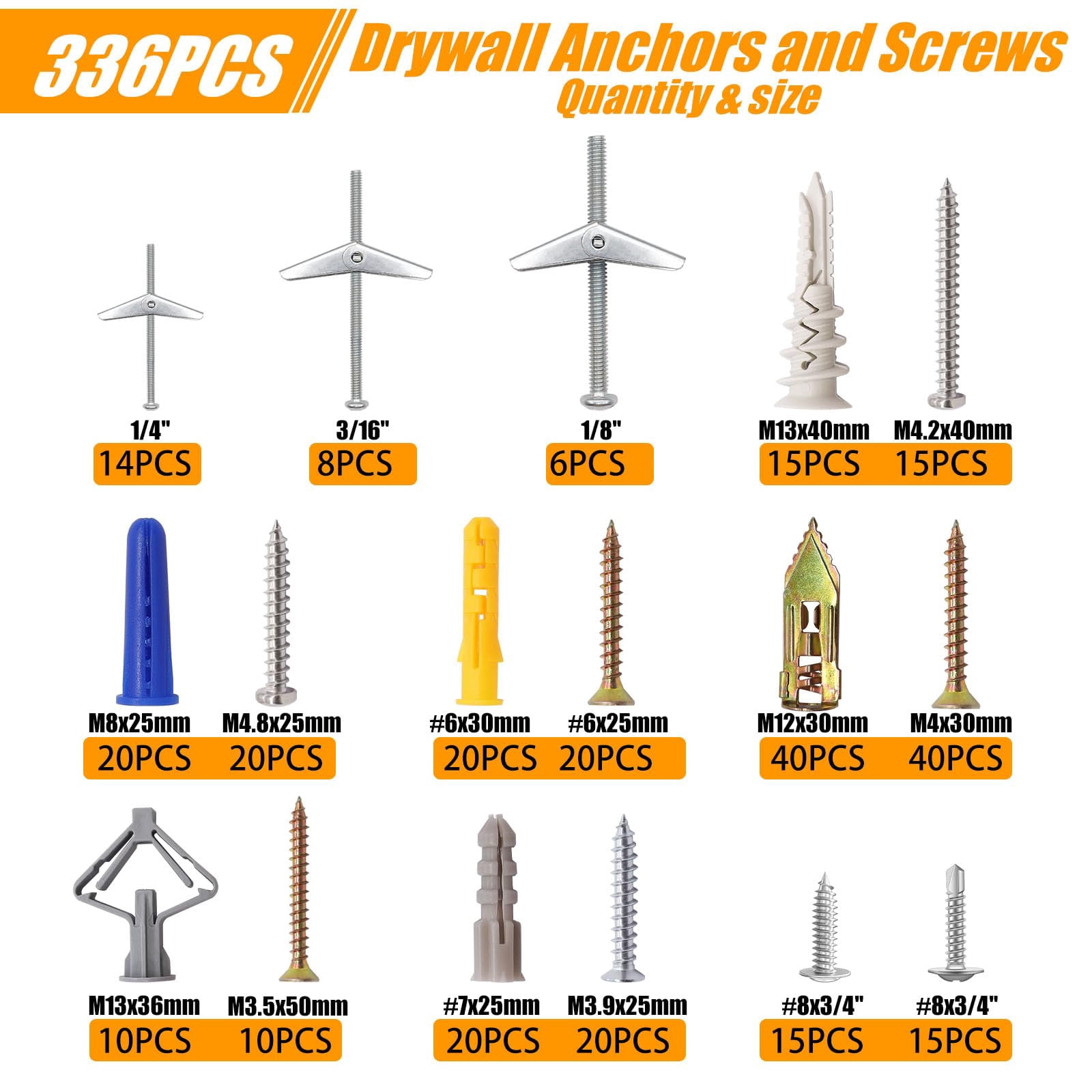 100Pcs Toggle Bolts 1/8" 3/16" 1/4" Heavy Duty Drywall Anchors and Screws Assortment Set Toggle Bolts and Wing Nut Kit with Nuts washers (25sets) K-136