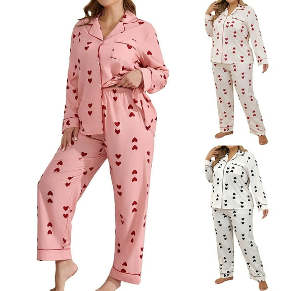 Womens Plus Size Heart Print Pajama Set Long Sleeve Long Pants Two Piece Sleepwear