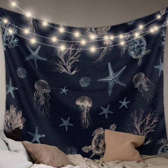 Navy Blue Coastal Large Tapestry for Bedroom Wall Hanging Tapestry,Nautical Summer Beach Sea Turtle Starfish Ceiling Backdrop Tapestries Poster Blanket Wall Decor for Teens Room Living Room 85" x 90"