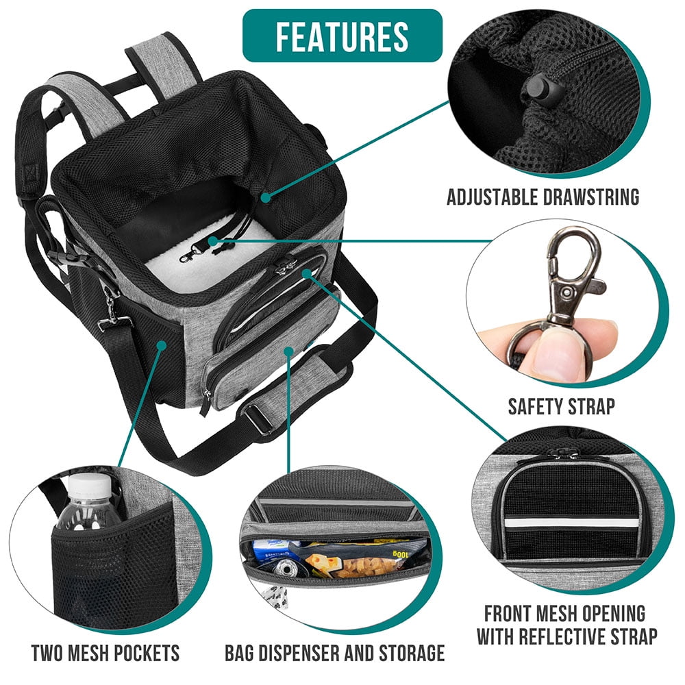 PetAmi Dog Bike Basket, Soft-sided Ventilated Dog Bike Carrier Backpack, Dog Pet Bicycle Basket for Bike Handlebar, Small Medium Puppy Cat Kitten Car Booster Seat with Safety Strap (Gray)