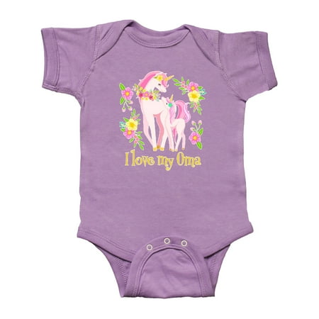 

Inktastic I Love My Oma Unicorn with Pink and Yellow Flowers Gift Baby Boy or Baby Girl Bodysuit