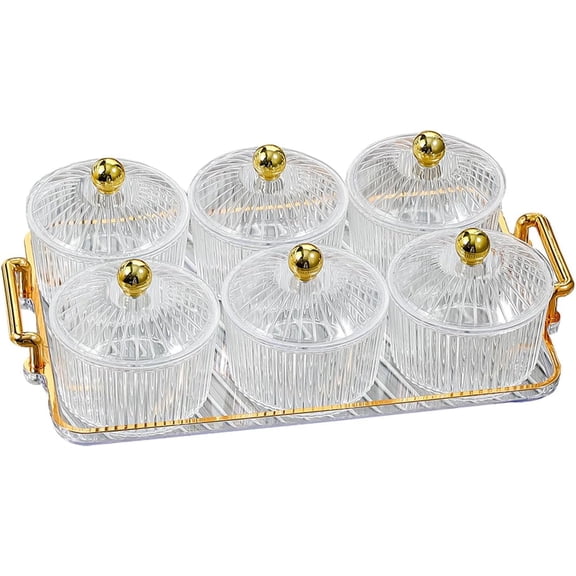 Condiment Tray Set with Handle and Lid Party Divided Serving Dishes Glass Bowls Serving Platter Snack Fruit Dessert Rack Build Suitable for, Clear 6 Bowls