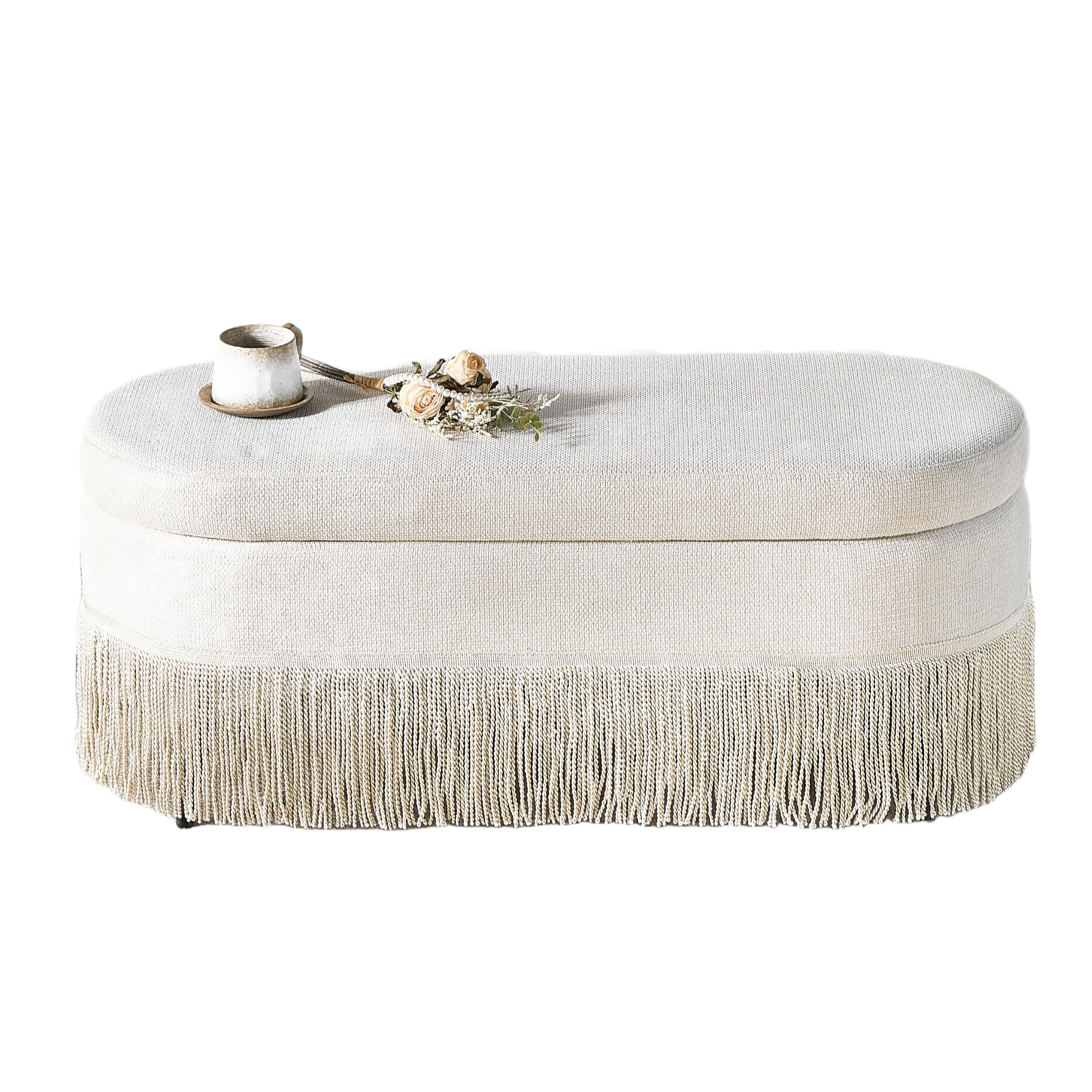 Mintazer 39.4" Oval Storage Ottoman with Tassel Trim, Linen Upholstered Bench with Hidden Storage for Bedroom Living Room, Beige