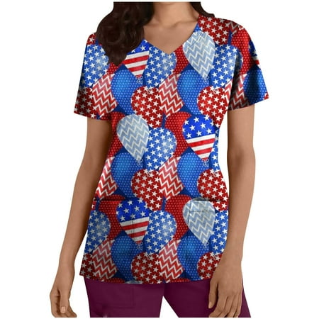 

4th of July Shirts for Women Summer US Flag Short Sleeve V Neck with Pockets Nurse Working Uniform Scrub Tops