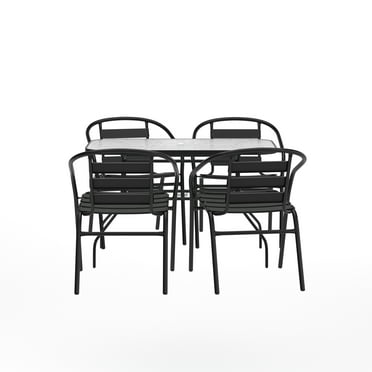 Emma   Oliver 5-Piece Patio Dining Table and Chairs Set with 47" Tempered Glass Top Table, 4 Stack Triple Slat Chairs in Black