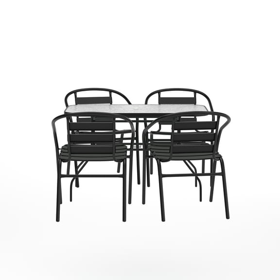 Emma Oliver 5-Piece Patio Dining Table and Chairs Set with 47" Tempered Glass Top Table, 4 Stack Triple Slat Chairs in Black