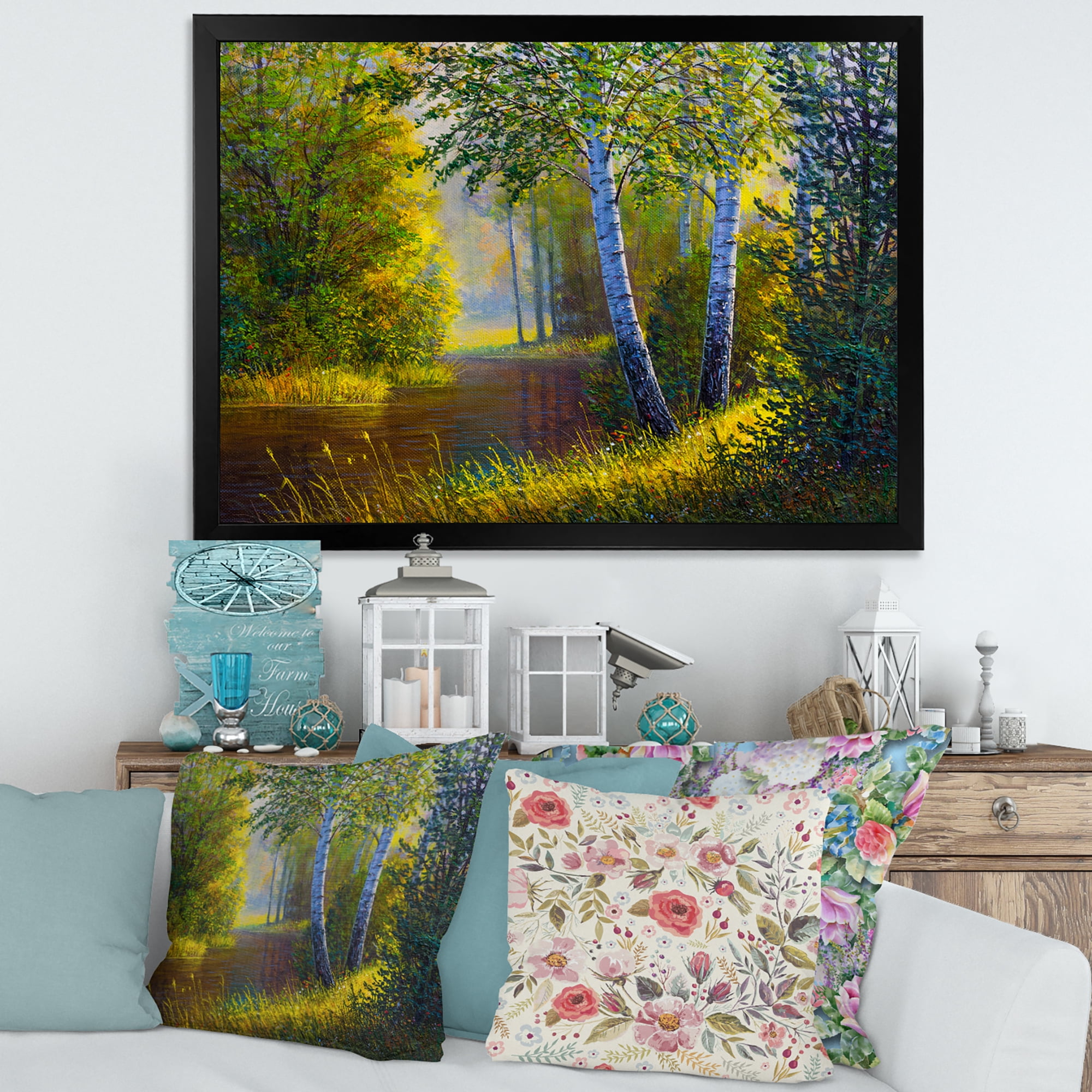Designart 'Sunrise Glow Through The Birches II' Lake House Framed Art Print