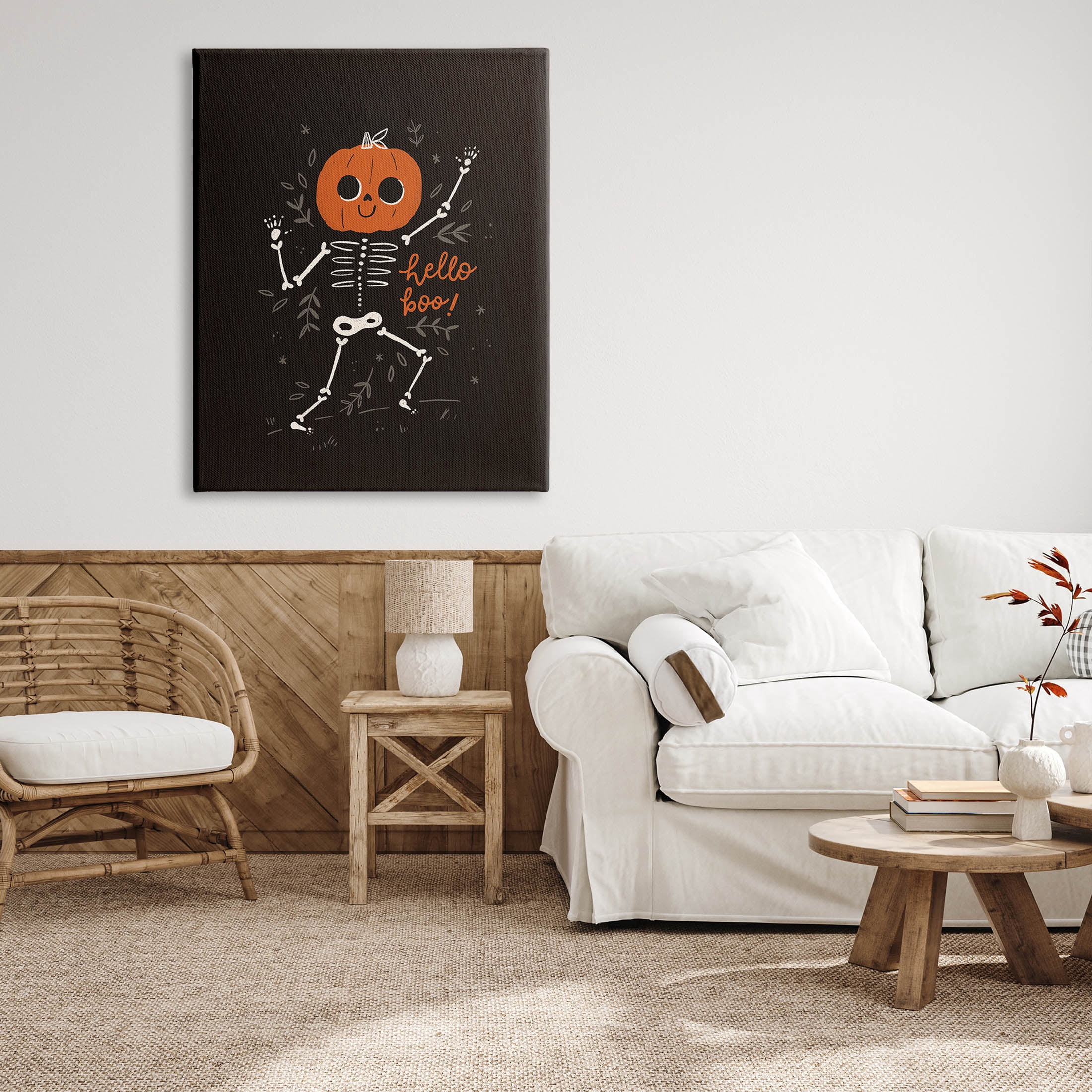 Hello Boo Halloween Smiling Skeleton Holiday Graphic Art Gallery Wrapped Canvas Print Wall Art