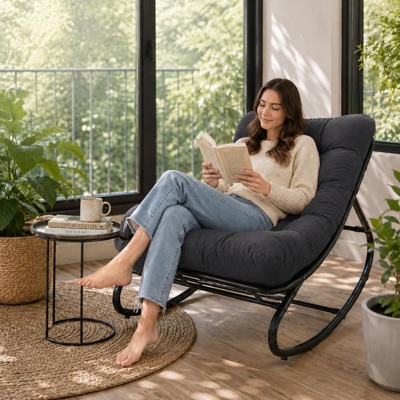 Adjustable Papasan Outdoor Rocking Chair Charcoal Gray 450 lb