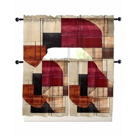 Red Beige Geometric Kitchen Curtains Sets 36 Inch Length with Valance, Modern Abstract Art Swag Valances and Tiers Curtain Set Drapes Swag Curtains for Living Room, Bathroom, Bedroom, Cafe