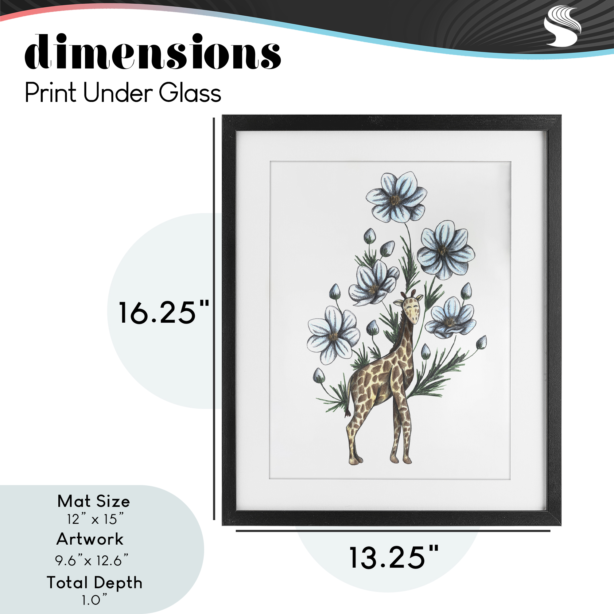 Giraffe with Flower Blossoms Black Framed Print Under Glass, design by Cecilia Battaini