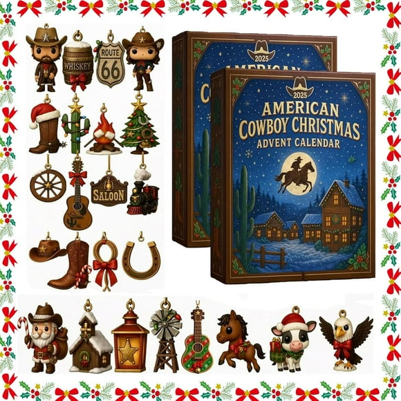 Unique American Cowboy Christmas Advent Calendar 2025– 24 Days of Western Holiday Fun with Rustic Cowboy Ornaments, Country Christmas Decor, Festive Countdown Calendar for Home, Tree (2Pcs)