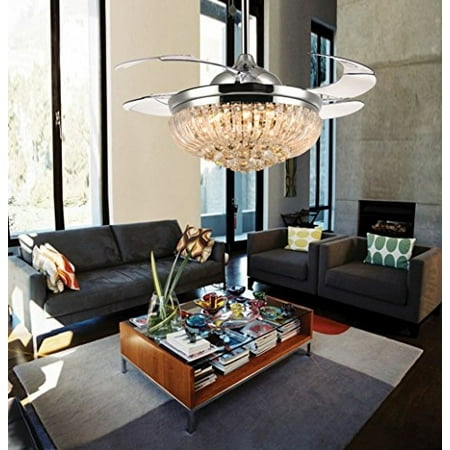 Siljoy Dimmable Ceiling Fans With Lights And Remote 3 Color Changing Retractable Crystal Invisible Chandelier Fan Chrome 36