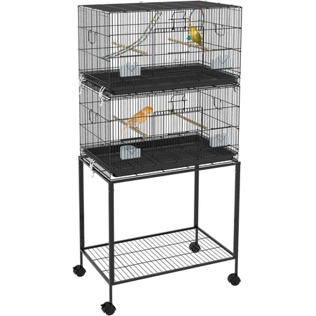 Double Stackable Bird Cage with Stand, Wooden Swing, Rope Ladder & Wheels for Canaries, Lovebirds Finches, Budgie Cage with Storage Shelf, Removable Tray, Wooden Perches & Food Containers