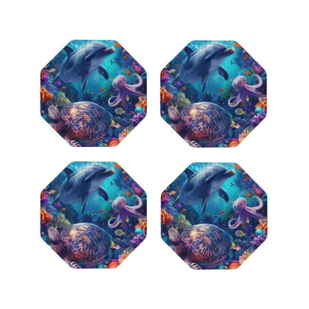 

Fuzoiu Underwater Turtle Dolphin Octopus Print Leather Coasters Set Drink Coasters Set of 4 for Tabletop Protection Durable PVC Coasters Home Décor and Housewarming Gift-Octagon