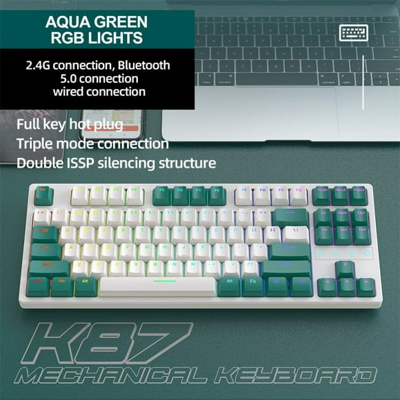 K87 Gaming Keyboard 3-mode Connection Hot Swappable RGB Backlit Keyboard for Laptop PC Green K87rgb Red-axis