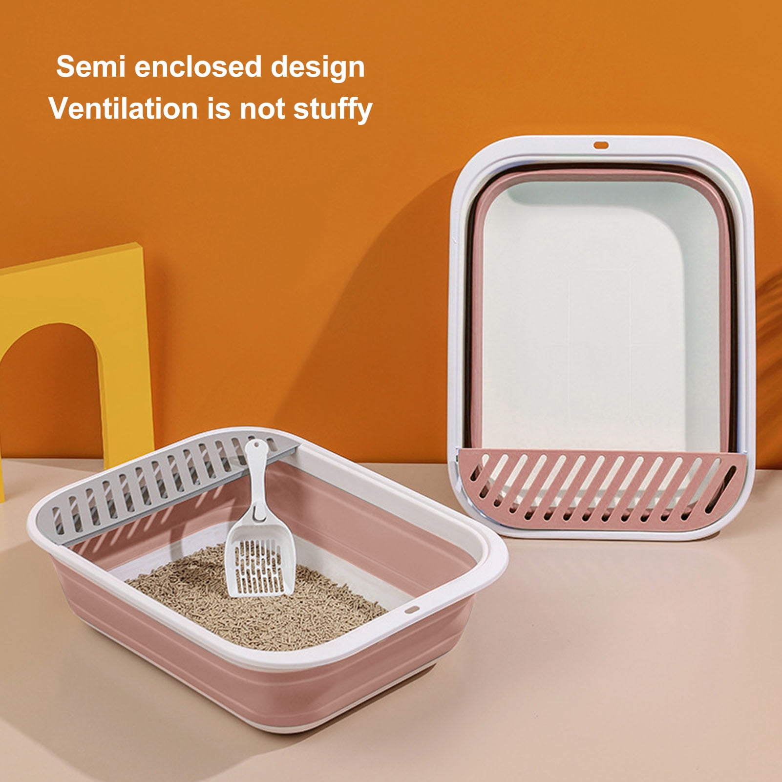 BIMZUC Folding Semi Enclosed Cat Litter Box with Scoop Splash Proof Kitten Toilet Bedpan, 18.1 inches / 46 cm Length, Portable Pet Potty Pan for Indoor Cats & Small Pets, Pink
