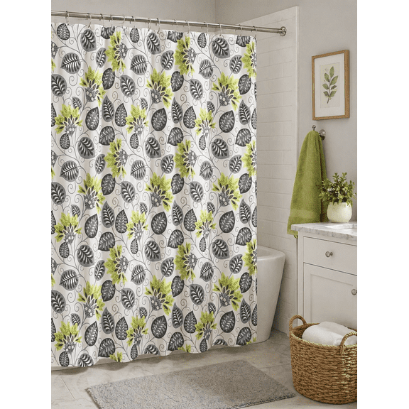 Serafina Home Decorative Floral Shower Curtain, 70" x 72", Gray Leaf Design