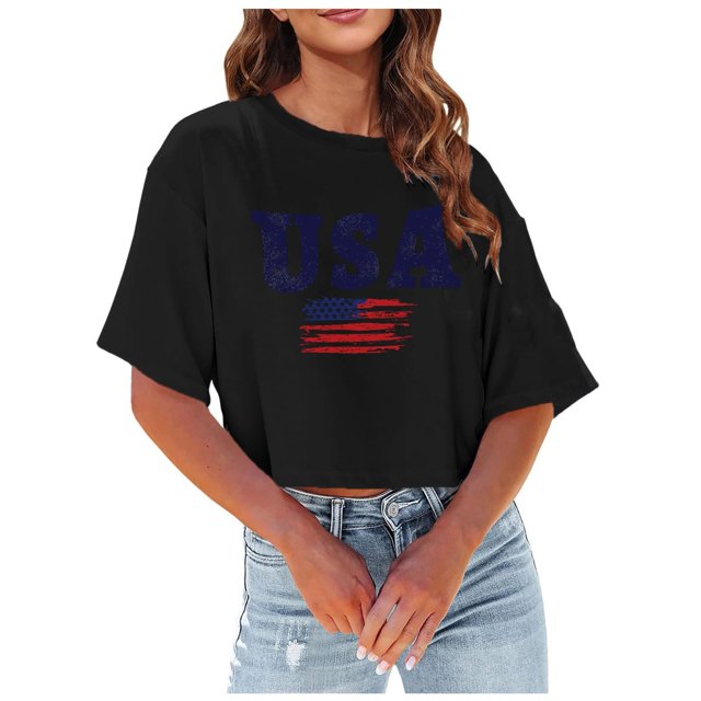 TSADFHJI Hauts pour Femmes Automne Coton T-Shirt Décontracté Col Rond Manches Courtes Imprimé Fête de l'Indépendance Usa TG Noir