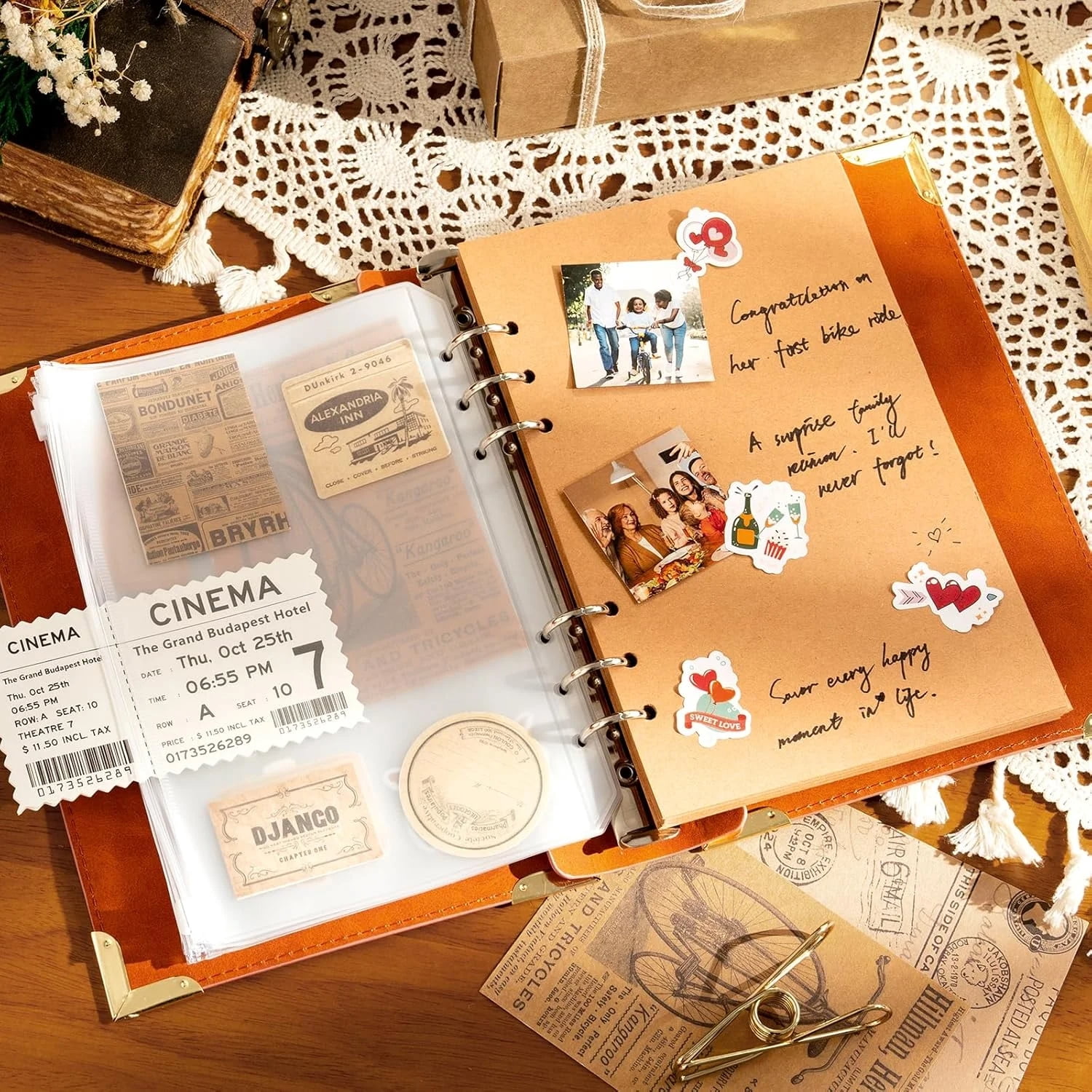 2 Pack Leather 6 Ring Binder 1 Inch Round Ring Binder Holds 200 Sheets 5.7"x8.3" Letter Size Paper, Wedding Family History Notebook Cover Loose Leaf Organizer