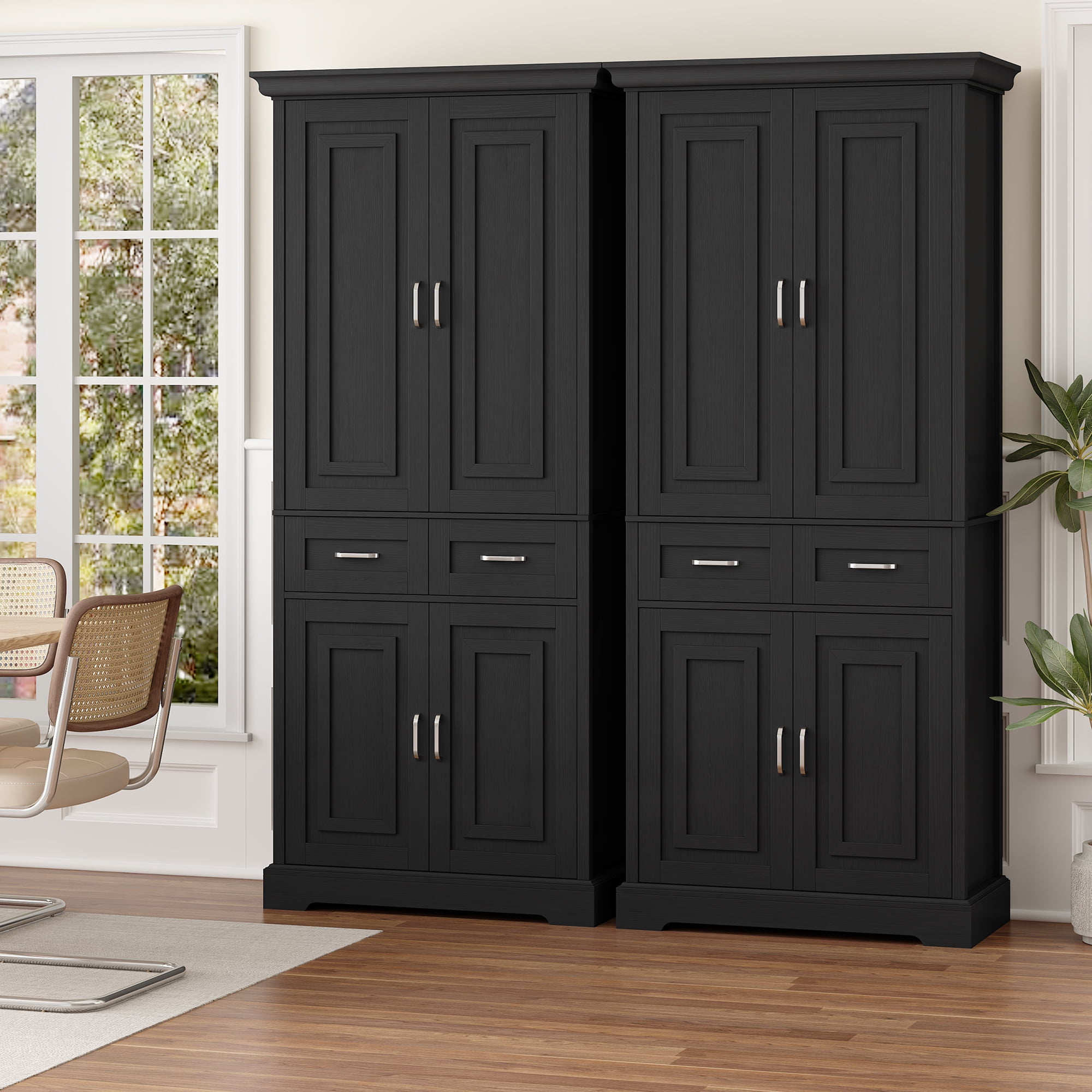 Homfa 70.9'' Tall Kitchen Pantry with 4 Doors, 2 Drawer Modern Freestanding Storage Cabinet for Dining Room Living Room, Black