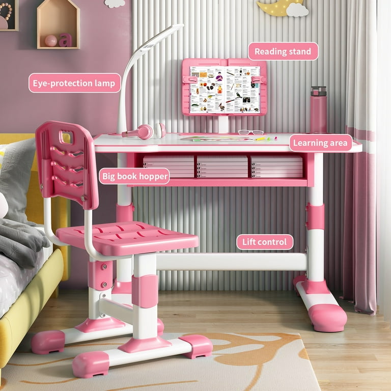 Thehsnt Kids Study Desk Chair Set with Tiltable Reading Stand LED Table Light, Height Adjustable Toddlers Writing Table, Children Learning Table with Extra Large Drawer