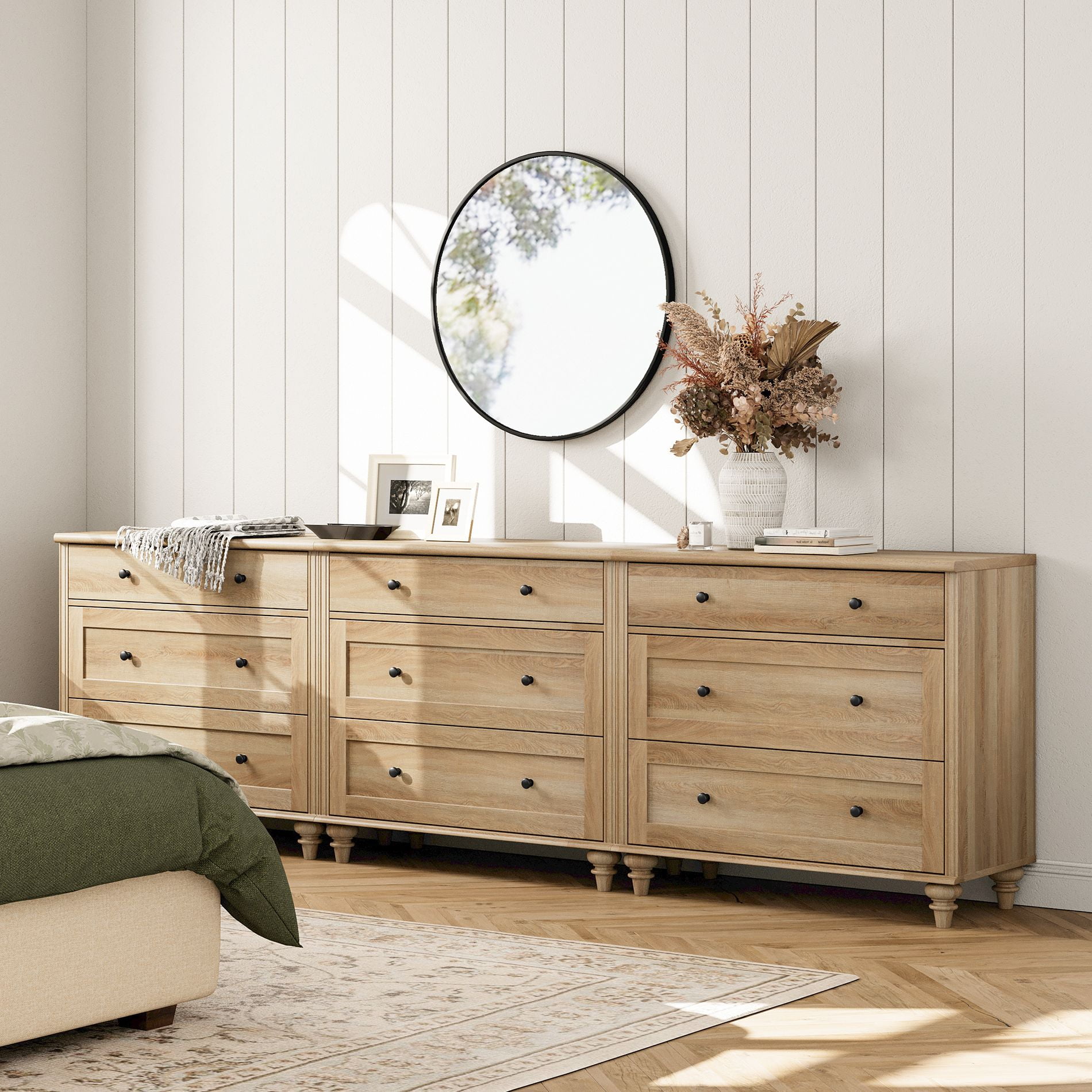 Mid-Century Modern Wooden Dresser with 9 Wide Drawers, Compact Storage Organizer for Bedroom, Nursery, Hallway, and Living Room, Oak
