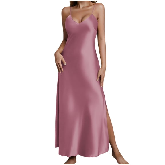 Bosfbaoi Nightgowns For Women Solid Color Satin Spaghetti Strap Nightgown Deep V-Neck Side Slit Maxi Sleep Dress
