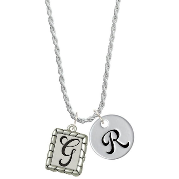 Delight Jewelry Silvertone Pebble Border Initial - G Silvertone Script Initial Disc - R - Charm Necklace, 20"+3"
