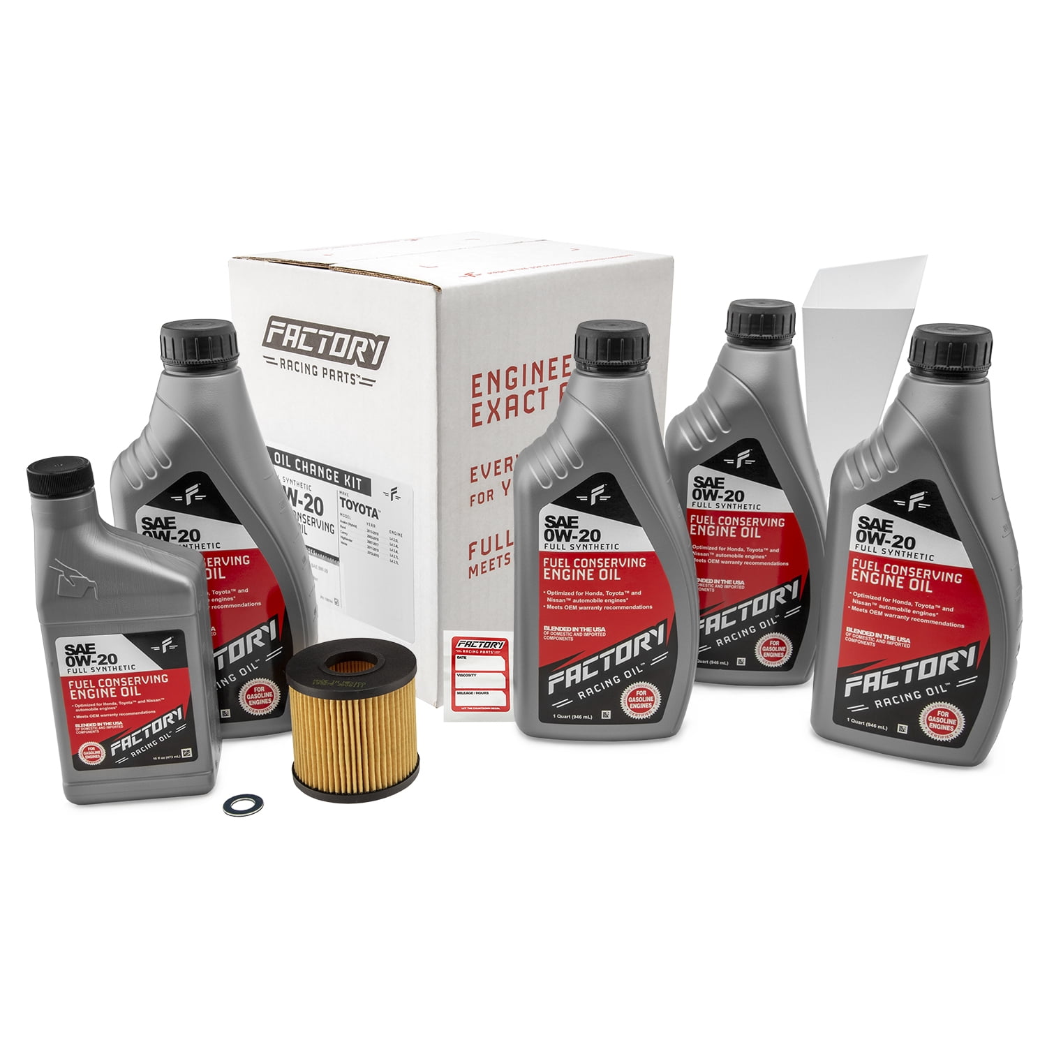 Factory Racing Parts SAE 0W-20 Full Synthetic 4.5qt Oil Change Kit Compatible with Toyota Camry, Rav4, Highlander, Avalon (Hybrid), Venza