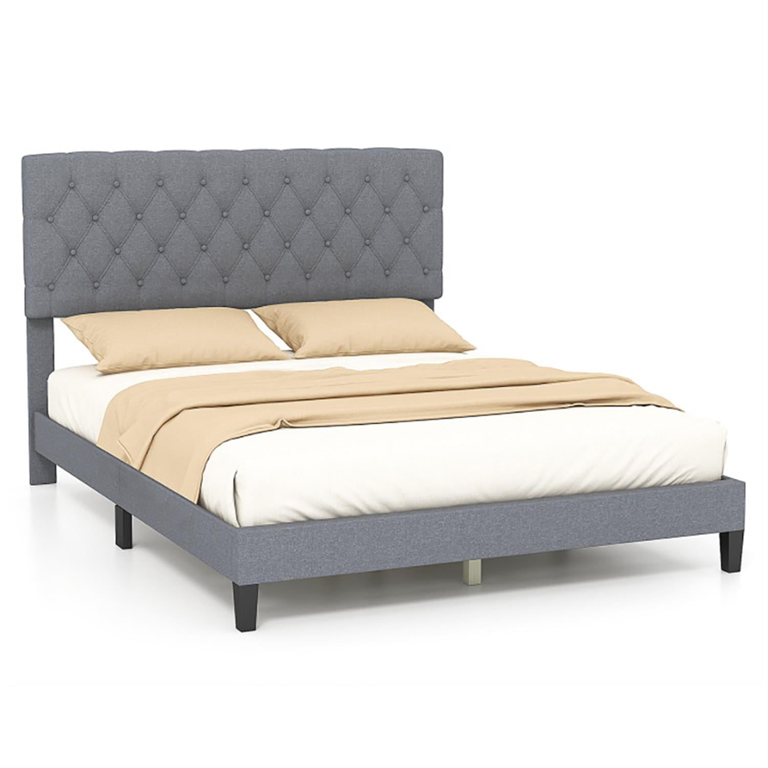 Demi Bonn Queen Size Upholstered Platform Bed Frame with Button Tufted Headboard and Wooden Slats Support, Fully Upholstered Mattress Foundation, Gray