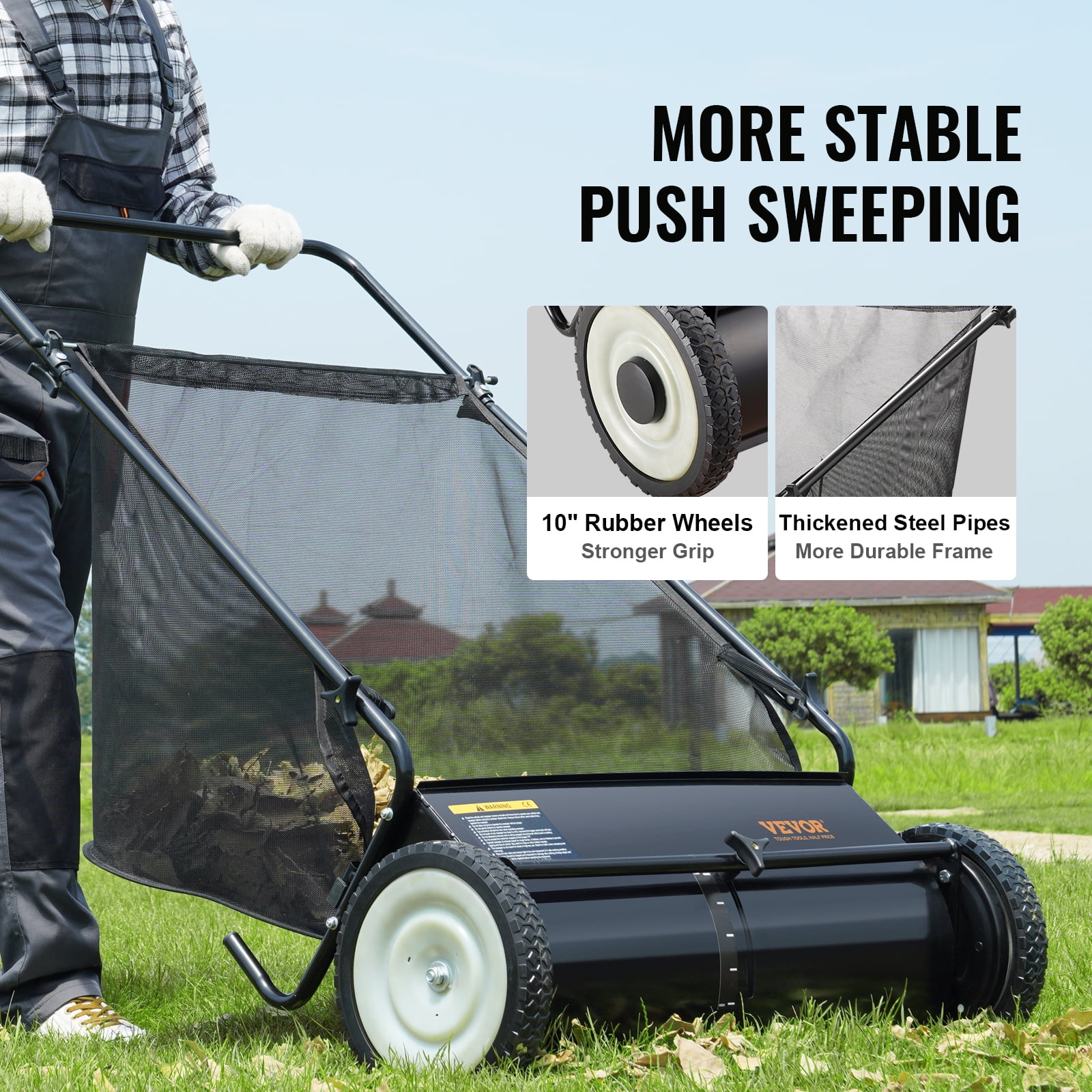 VEVOR Push Lawn Sweeper, 26-inch Leaf & Grass Collector, Strong Rubber Wheels & Heavy Duty Thickened Steel, Durable to Use with Large Capacity 7 Cu. ft. Mesh Collection Hopper Bag, 4 Spinning Brushes