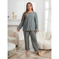 thumbnail image 3 of Women's Plus Size Pajama Set Round Neck Long Sleeved Paired with Pants Oversize Sleepwear 2-piece Pj Set, 3 of 8