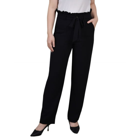 Petite Belted Paper Bag Waist Pants Black PXL