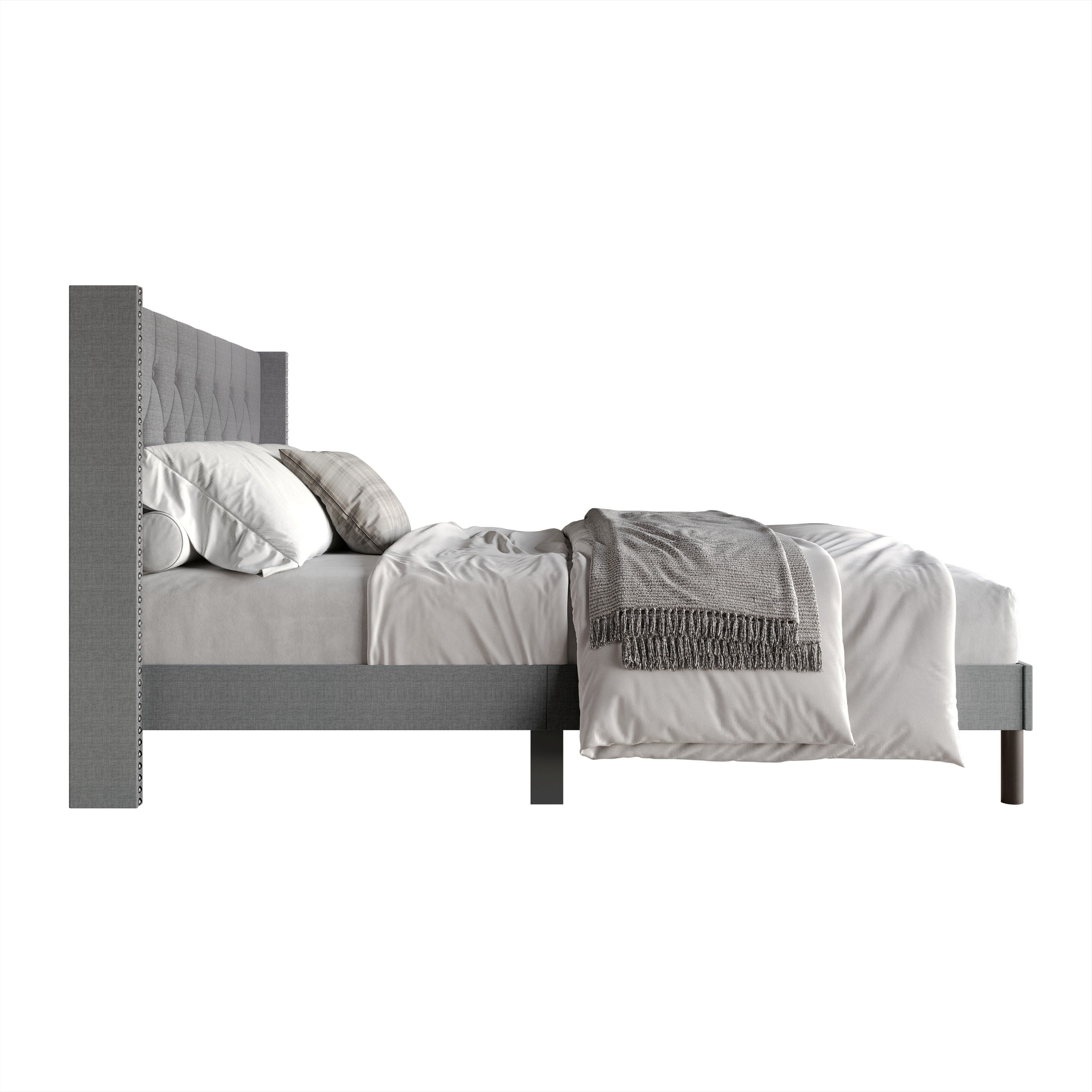 Home Design Cicero Queen Tufted Upholstered Wingback Panel Bed Frame with Button-Tufted Headboard & Nailhead Trim, Gray, Easy Assembly